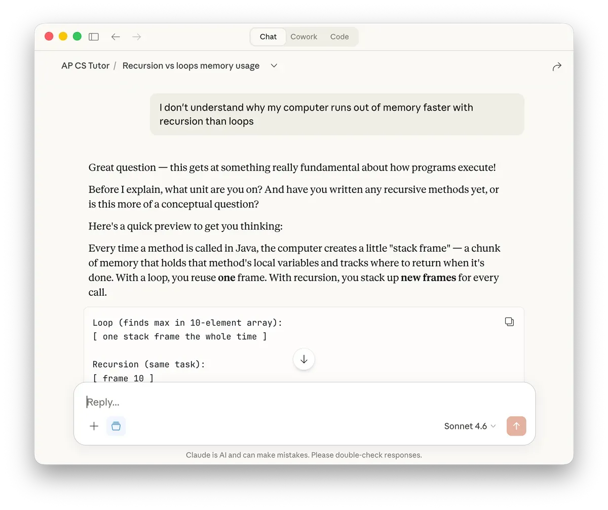 Claude Chat with AP CS A Tutor project