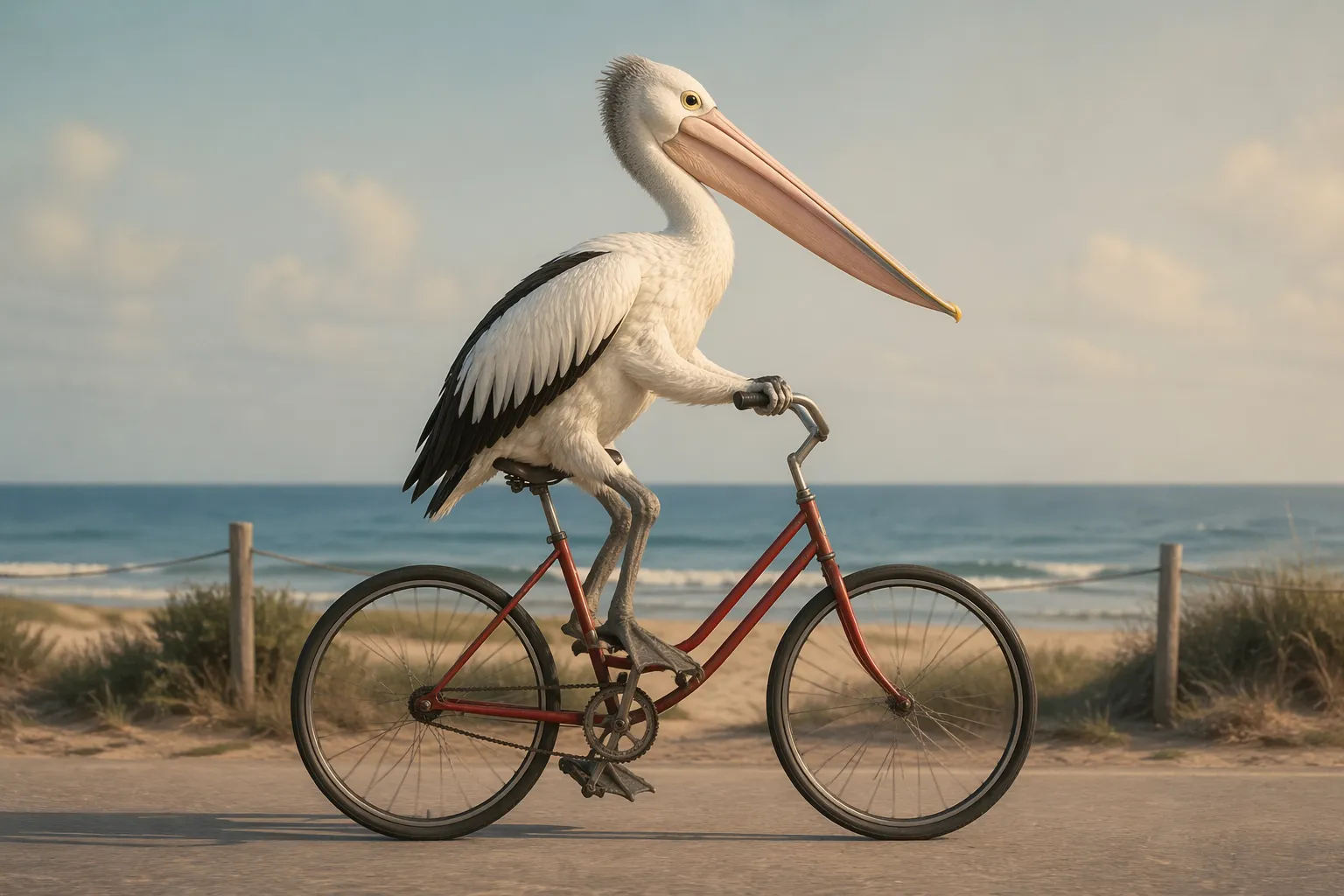 A photorealistic-looking pelican riding a rust-red bicycle in profile on a sandy coastal path with dune grass and ocean behind