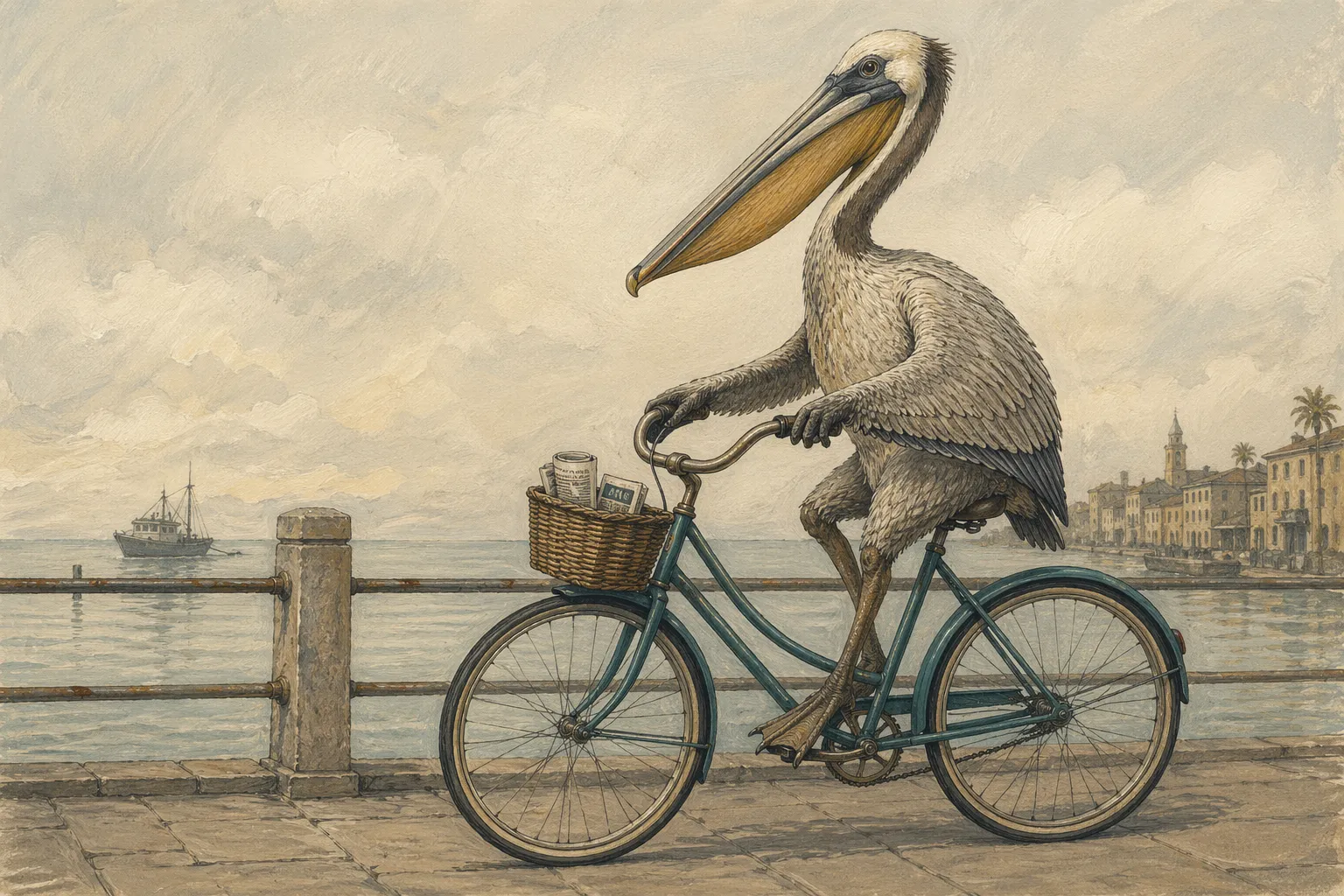 A gouache-style illustration of an upright brown pelican riding a muted teal step-through bicycle along a stone coastal promenade, with a distant boat and a Mediterranean harbor town in the background