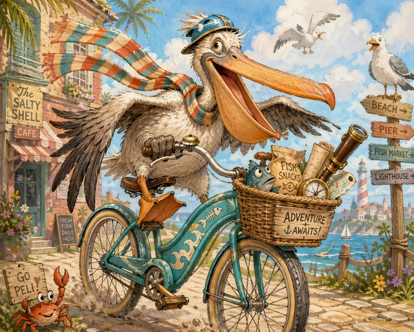 A maximalist children's-book illustration of a grinning cartoon pelican in a striped scarf and small blue hat riding a turquoise cruiser, basket overflowing with a "Fish Snacks" bag, a spyglass, and a small blue fish, flanked by a crab holding a "Go Peli!" sign and signs pointing to the Beach, Pier, Fish Market, and Lighthouse