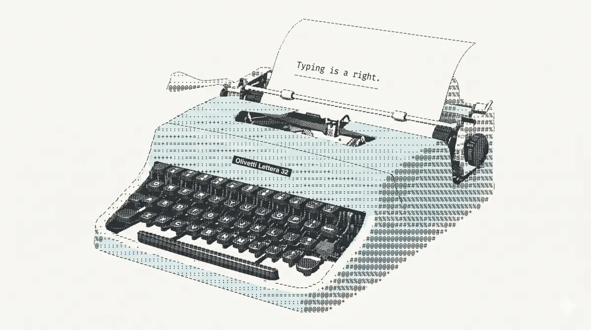 A stylized halftone ASCII-art illustration of an Olivetti Lettera 32 portable typewriter, its body and shadows built from pale-blue dotted characters, with a sheet of paper rising from the platen that reads "Typing is a right."