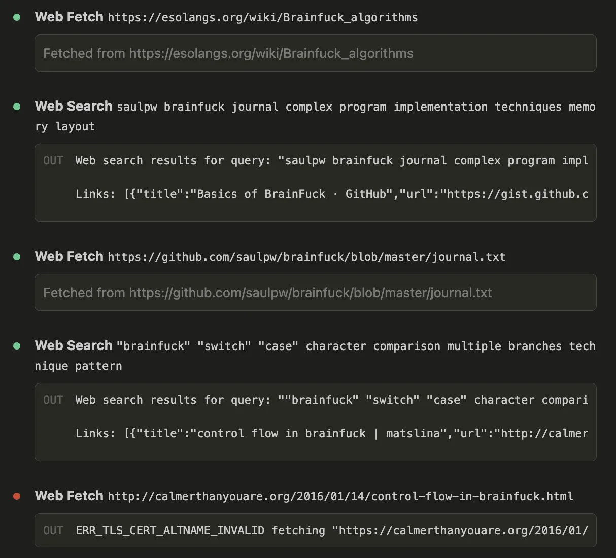 Claude researching Brainfuck via web searches and documentation fetches