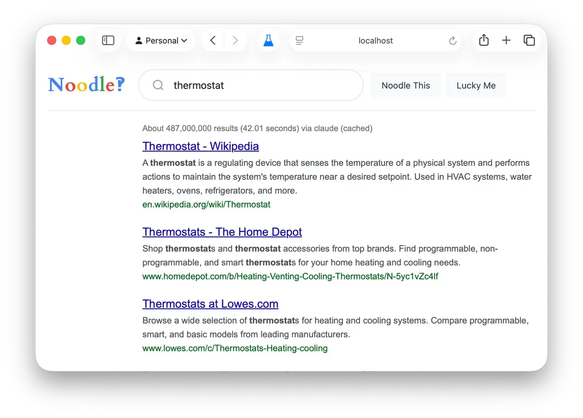 Noodle search results for thermostat showing Wikipedia and informational links